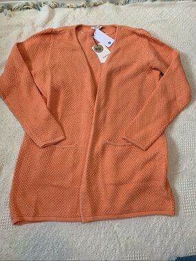 Open-Front Coral/orange Knit Cardigan with Front Pockets - Women